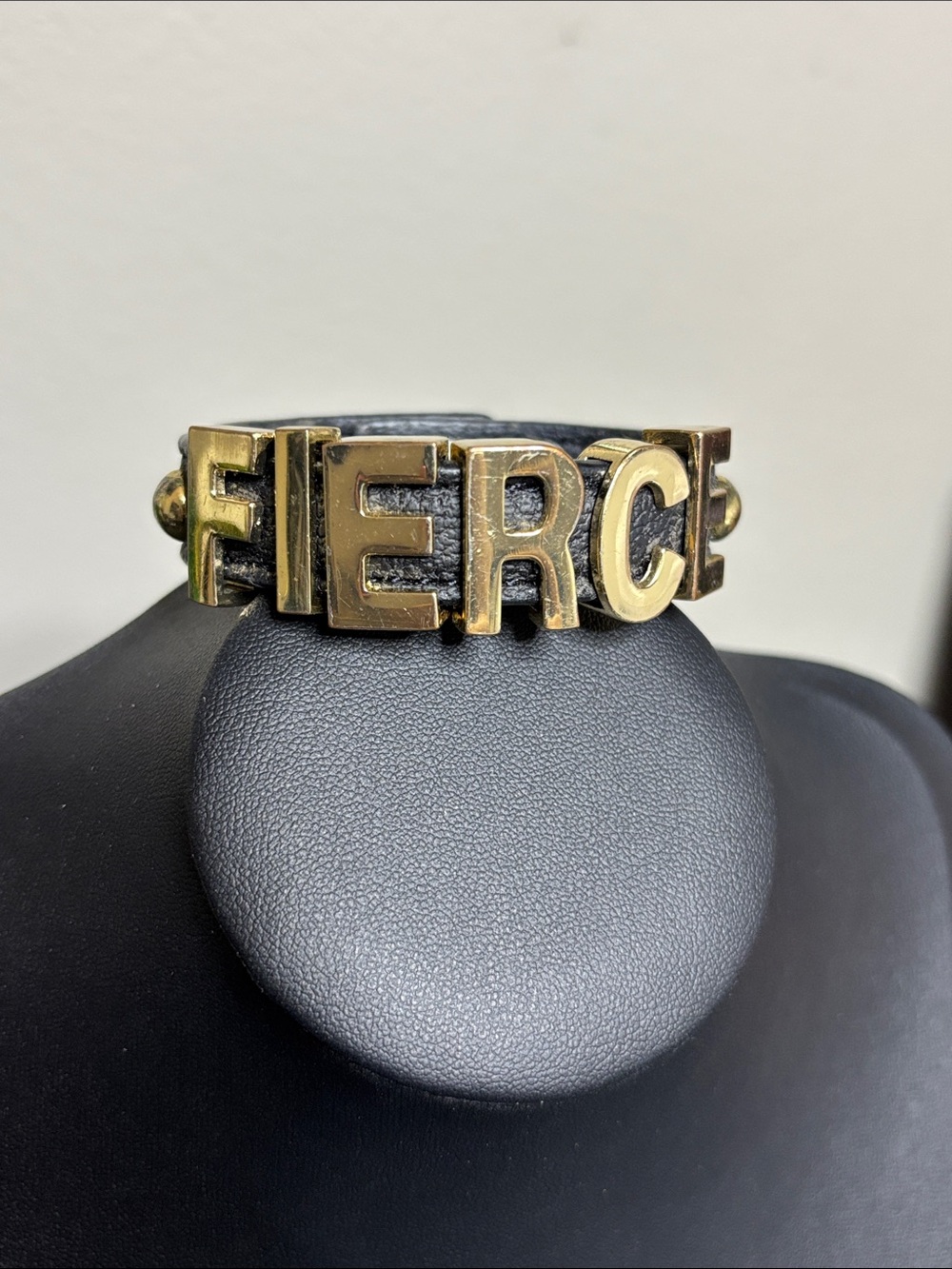 BCBGENERATION FIERCE Gold Letter Black Leather Bracelet Y2K